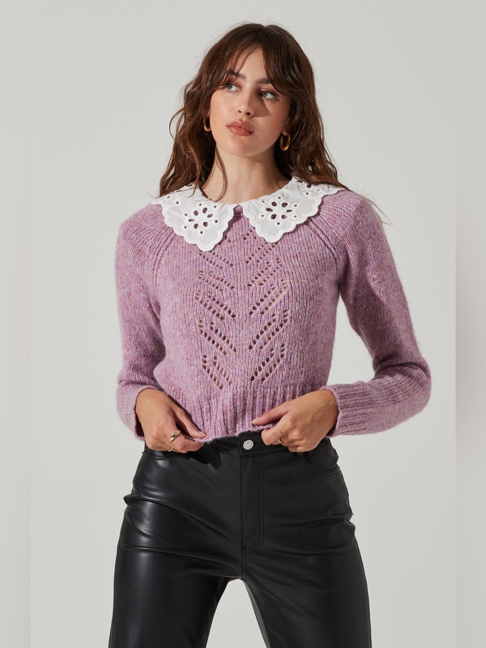ASTR The Label Purple Cable Knit Collared Sweater Medium Wool Blend Pullover